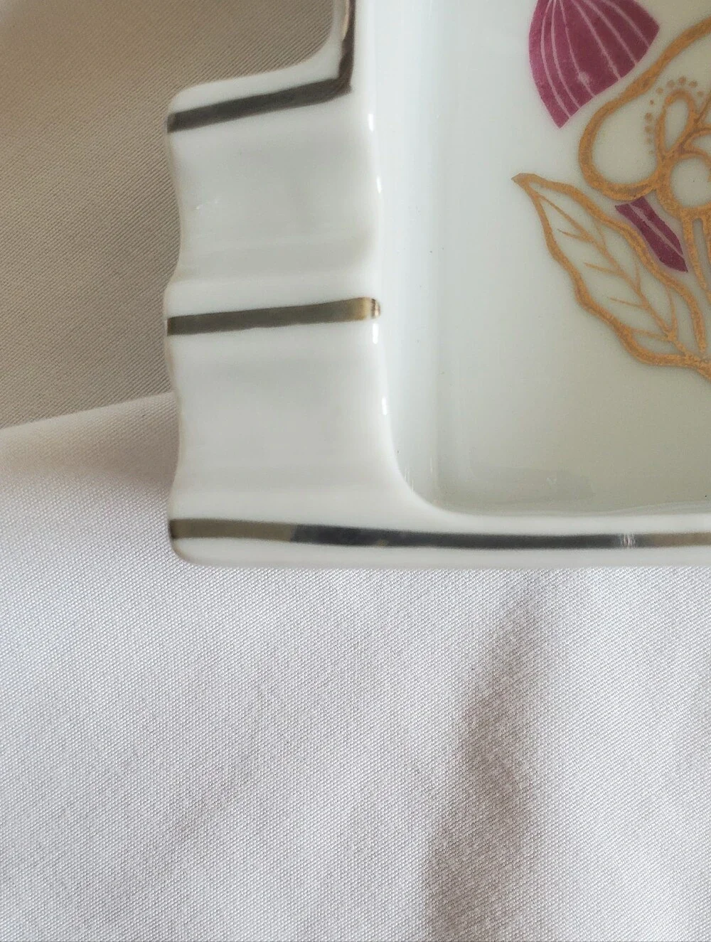 Ucagco China Vintage White Porcelain Ashtray with Gold and Plum Floral Accent